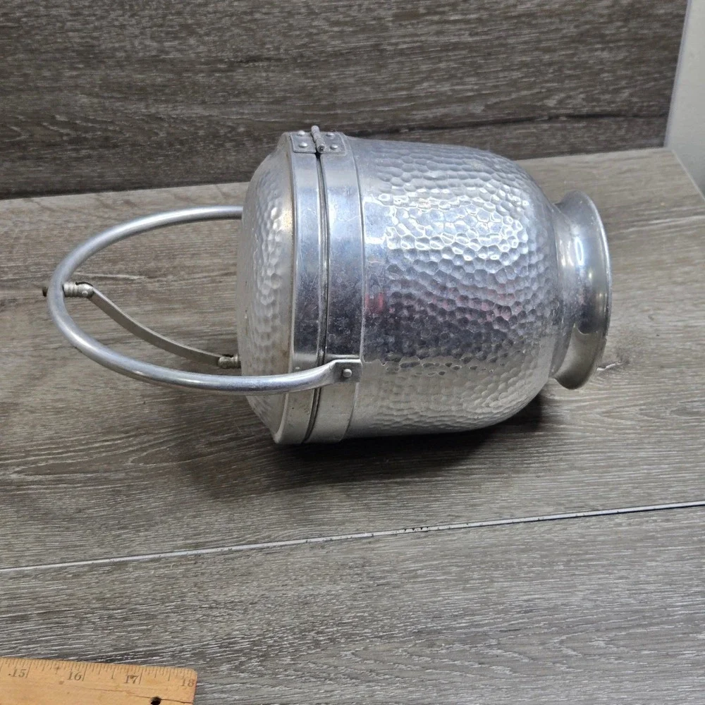 Vintage Mid Century Hammered Aluminum Lidded Ice Bucket with Handle Italy